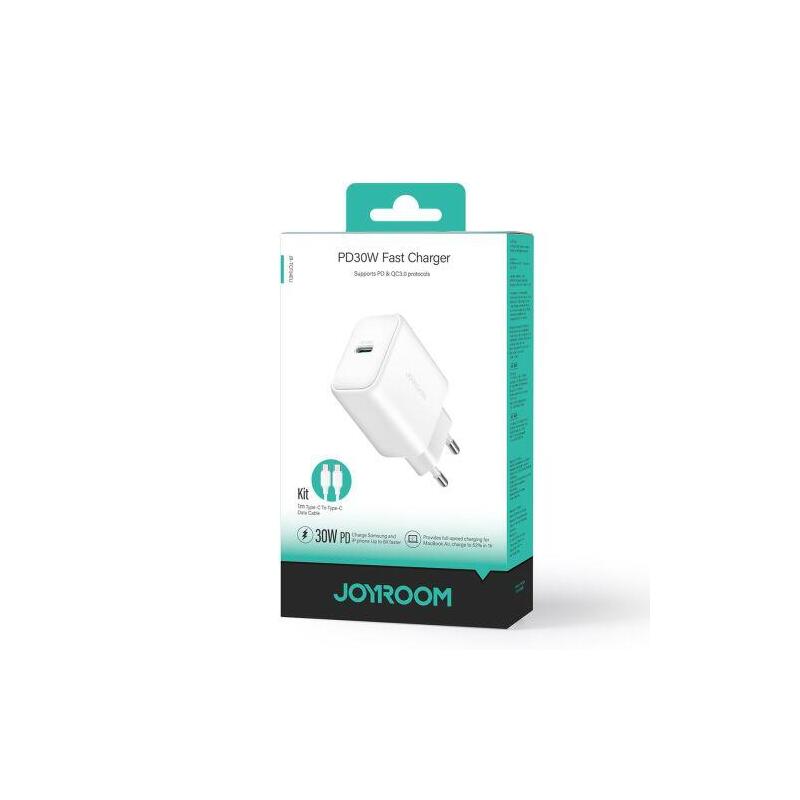 Joyroom Travel Charger Type-C. Pd 30w, Sfc, Pps, With Type-C To Type-C Cable (1m), White (Jr-Tcf24)