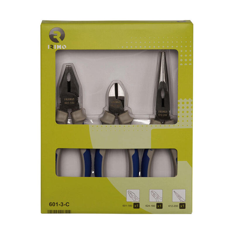 Juego De 3 Alicates (Universal 180mm, Cortante 160mm, Semirredondo 200mm) 601-3-C Irimo
