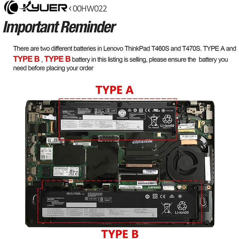 K Kyuer 24wh 00hw022 00hw023 Laptop Batería Compatible With Lenovo Thinkpad T460s T470s 20fa 20f9 20hf 20hg 20jt 20f9003sge 20fa003gge 20f90042ge 20fa0046pb 20hgs00v00 20hf004uge 00hw036 Sb10f46460