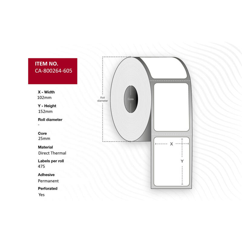 Label 102 X 152mm, Core 25mm,  Direct Thermal, Coated,