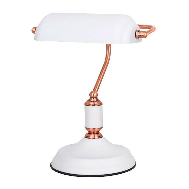 Lámpara De Mesa, E27, Tipo Banquero, Blanca+Cobre; Base Ø185 Mm; 260 X 195 X 345 Mm