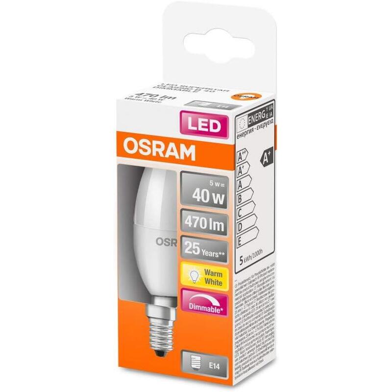 Lámpara Led Osram E14, Blanco Cálido (2700k), Forma De Vela, 5w, Recambio Para Bombilla De 40w