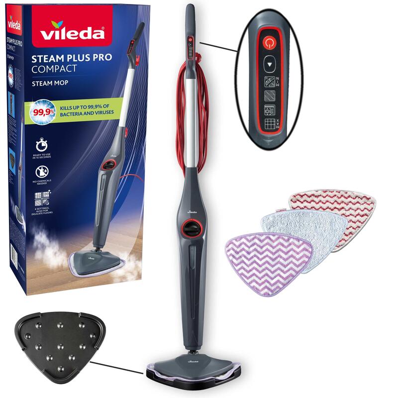 Limpiador A Vapor  Vileda Steam Plus Pro Compact  Elimina Hasta El 99,9% De Las Bacterias Y Virus  Para Suelos Sensibles  4 Niveles De Vapor  Soporte De Almacenamiento  Envase Ecológico