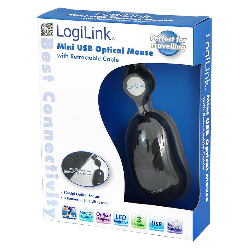 Logilink Raton Optico 800 Dpi Led Con Cable Retractable Usb Negro Id0016