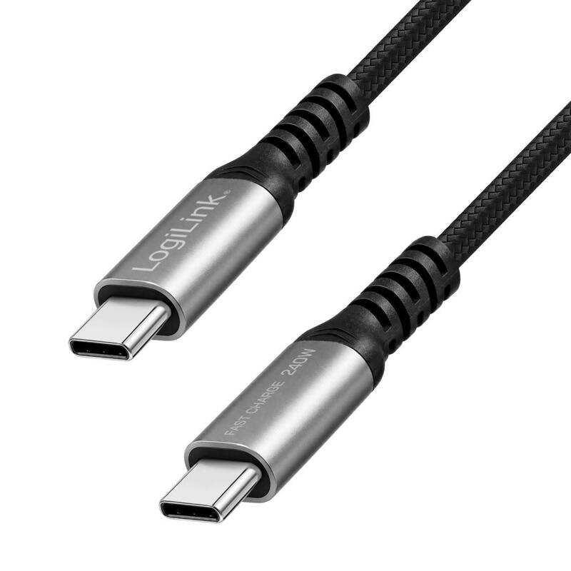 Logilink Usb 2.0 Type-C Cable, C M To C M, 480 Mbps, 240w,Nylon,Metal,Negro Plata,1.5 M