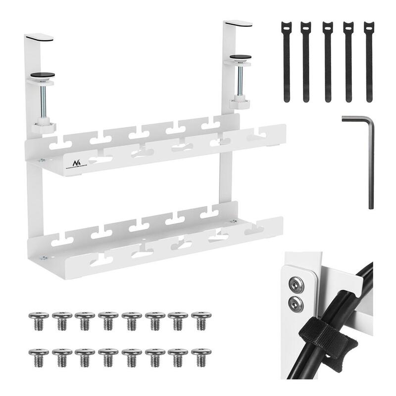 Maclean Mc-104 W Organizador De Cables Bajo Escritorio, Carga Máx. 5 Kg, 2 Niveles, Blanco