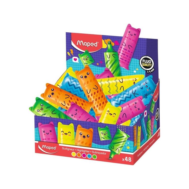 Maped Kawaii Expositor Con 48 Mini Marcadores Fluorescentes Neon - Divertidos Diseños Kawaii - Trazo De 1 A 5mm - Ideal