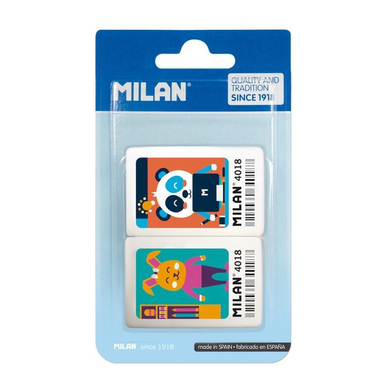Milan 4018 Pack De 2 Gomas De Borrar Rectangulares - Miga De Pan - Caucho Suave Sintetico - Dibujos Infantiles A Color