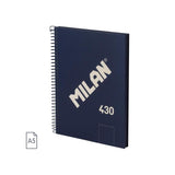 Milan 430 Since 1918 Cuaderno A5 Con Espiral - Hojas Blancas - 80 Hojas De 95g - Tapa Dura - Azul