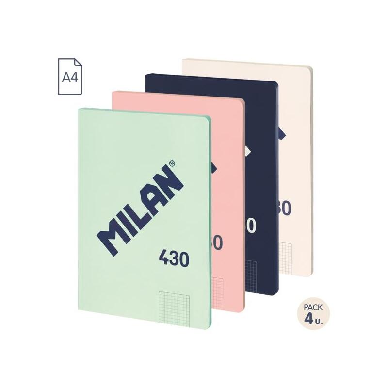 Milan 430 Since 1918 Pack De 4 Libretas A4 Encoladas - Cuadricula 5x5mm - 48 Hojas De 95g - Colores Surtidos