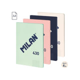 Milan 430 Since 1918 Pack De 4 Libretas A4 Encoladas - Cuadricula 5x5mm - 48 Hojas De 95g - Colores Surtidos