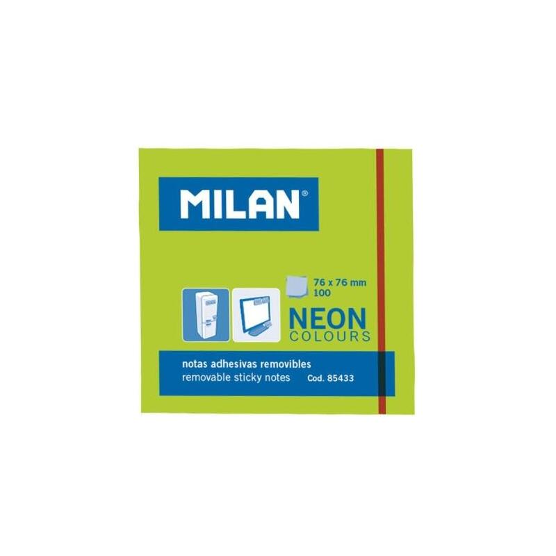 Milan Bloc De 100 Notas Adhesivas - Removibles - 76mm X 76mm - Color Verde Neon