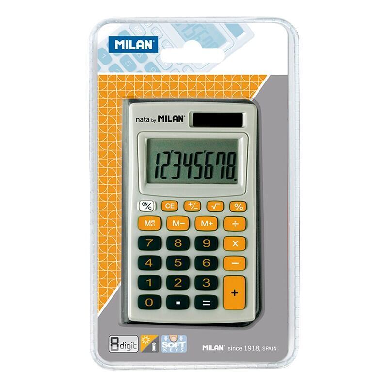 Milan Calculadora De Bolsillo 8 Digitos - 3 Teclas De Memoria Y Raiz Cuadrada - Apagado Automatico - Incluye Funda - Color Gris Y Naranja