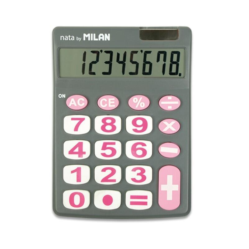 Milan Calculadora De Sobremesa 8 Digitos - Teclas Grandes - Apagado Automatico - Color Gris Y Rosa