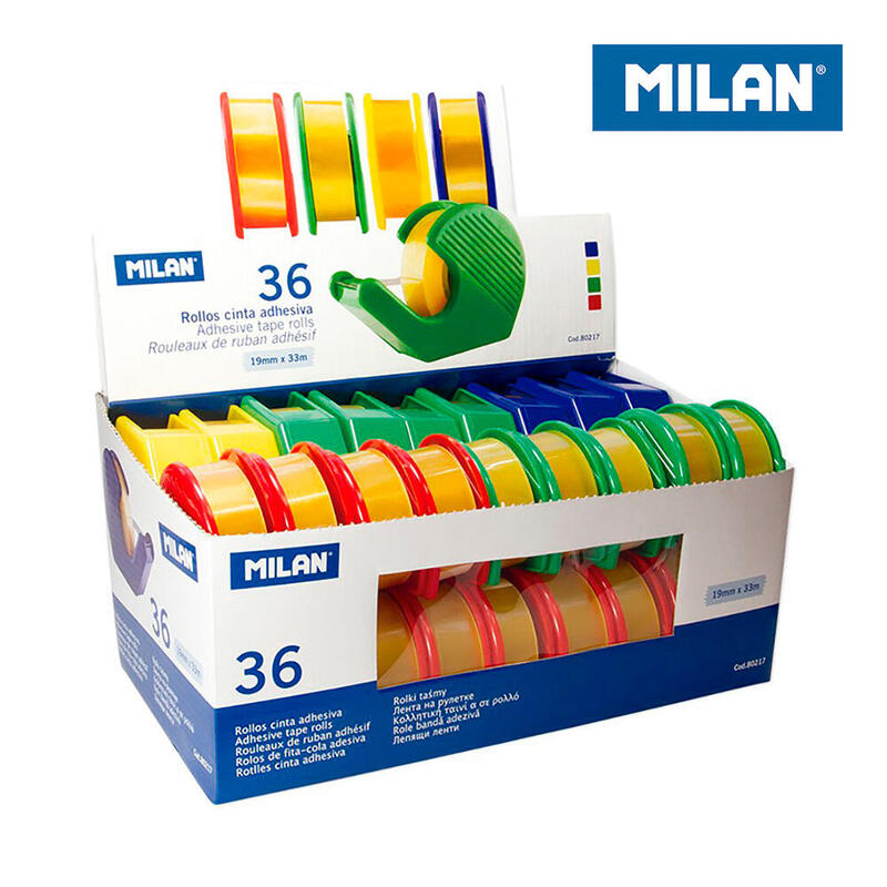 Milan Cinta Adhesiva Transparente Rollo 19mm X 33m C/Dispensador Expositor 36u C/Surtidos