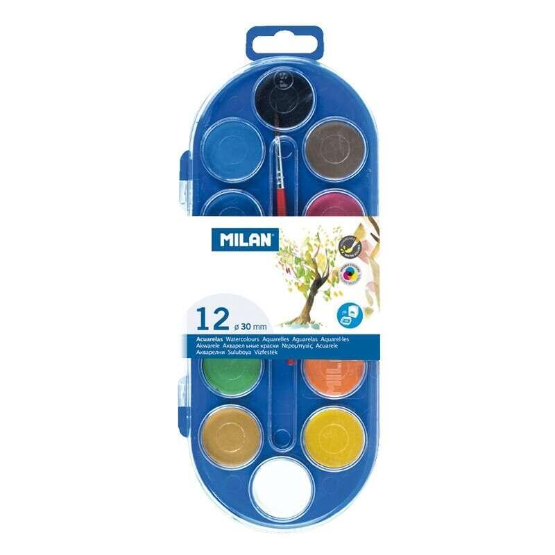 Milan Estuche De 12 Acuarelas Ø30 Mm + Pincel  Serie 101 - Mezclable - Colores Surtidos
