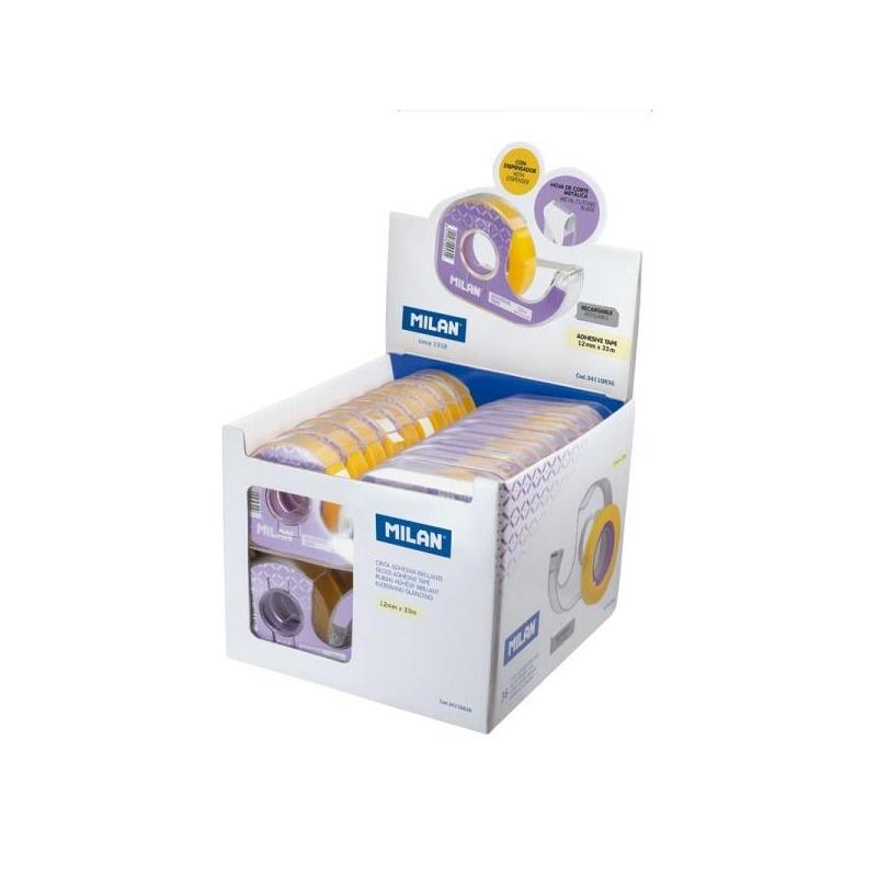 Milan Expositor De 36 Cintas Adhesivas Transparentes Con Dispensador - Medidas 12mm X 33m - Amarillo Transparente