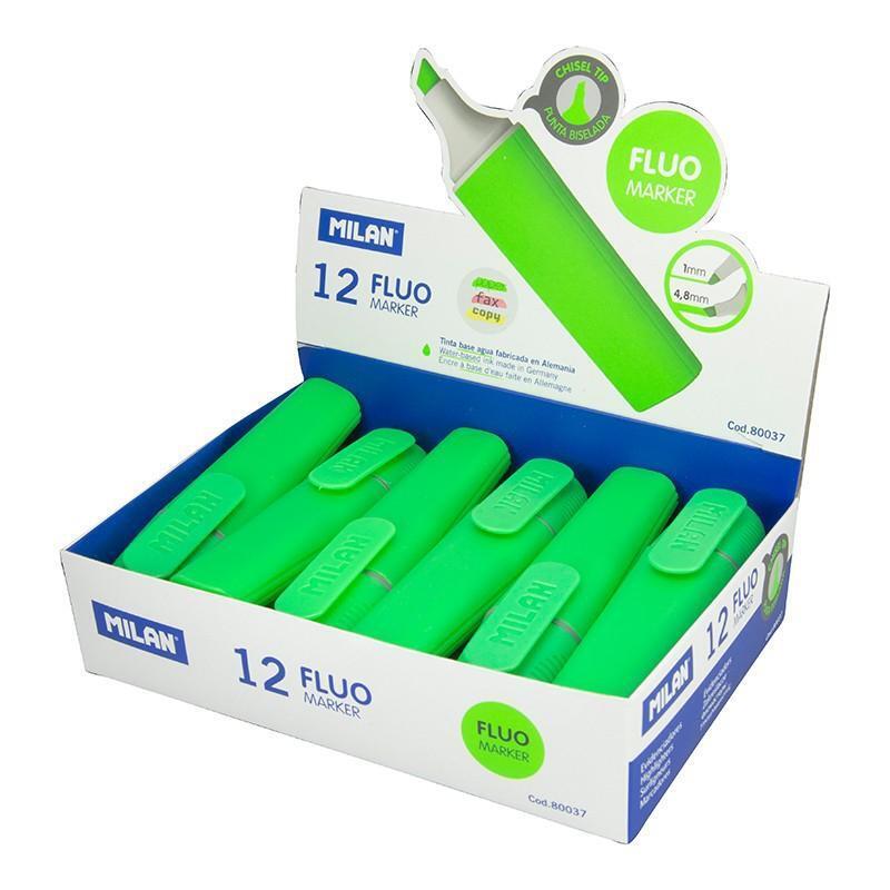 Milan Marcador Fluorescente Fluo Verde Punta Biselada Caja Expositora 12u