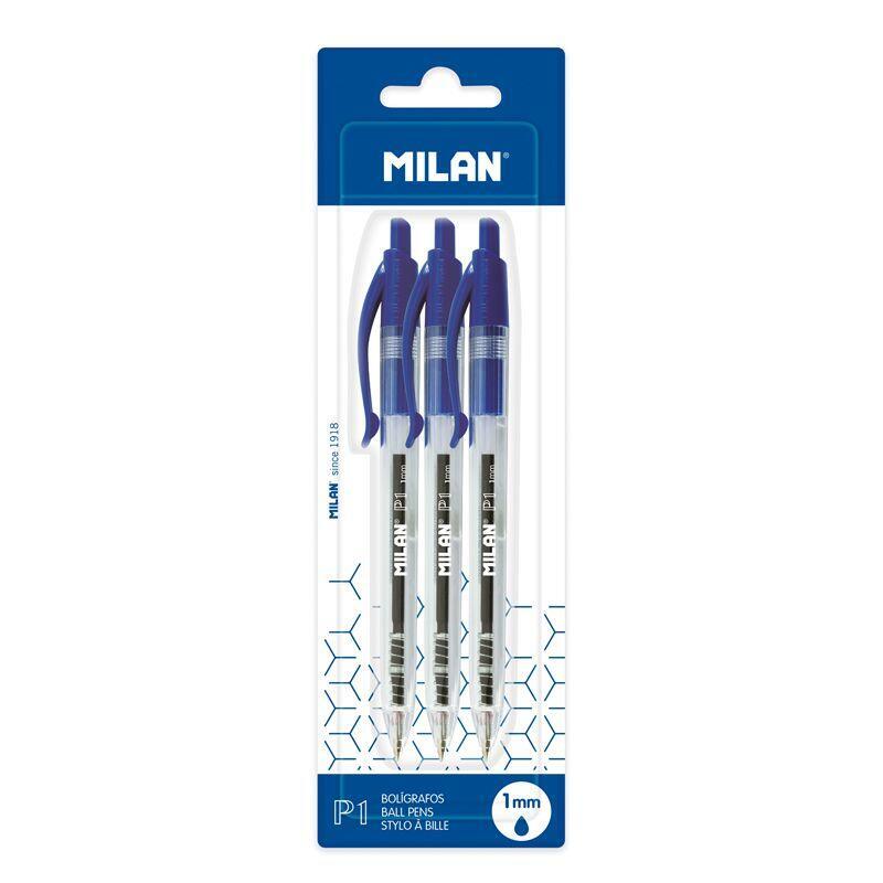 Milan P1 Pack De 3 Boligrafos De Bola Retractiles - Punta Redonda 1mm - Cuerpo Transparente - Color Azul