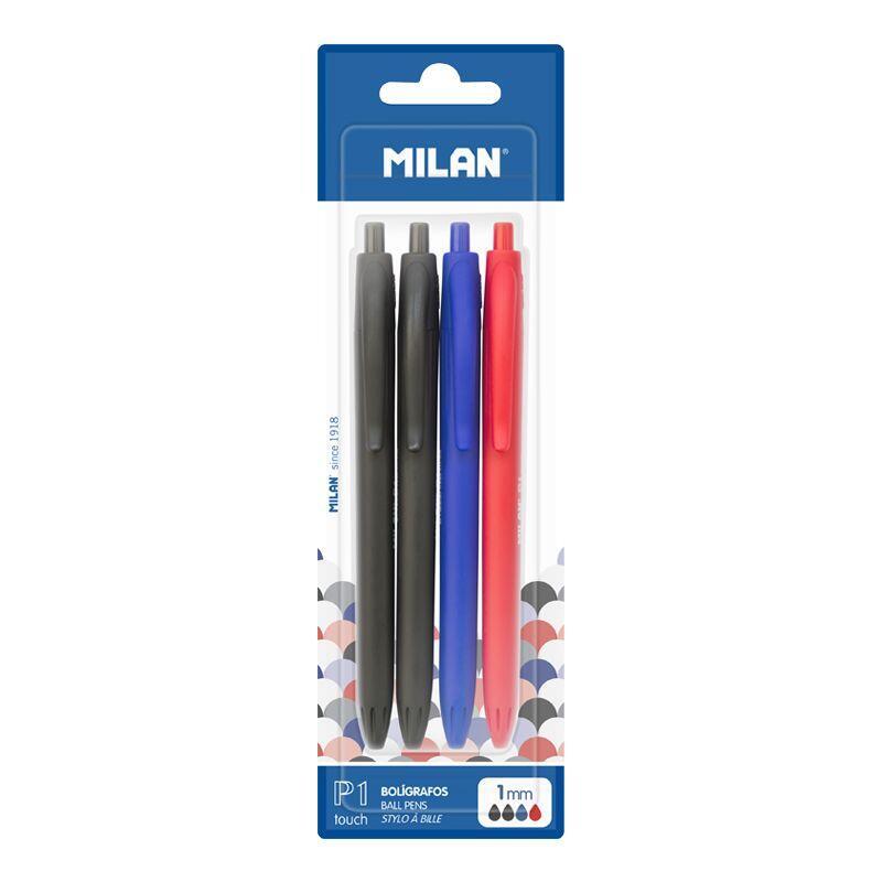 Milan P1 Touch Pack De 4 Boligrafos De Bola Retractiles - Punta Redonda 1mm - Tinta Con Base De Aceite - Escritura