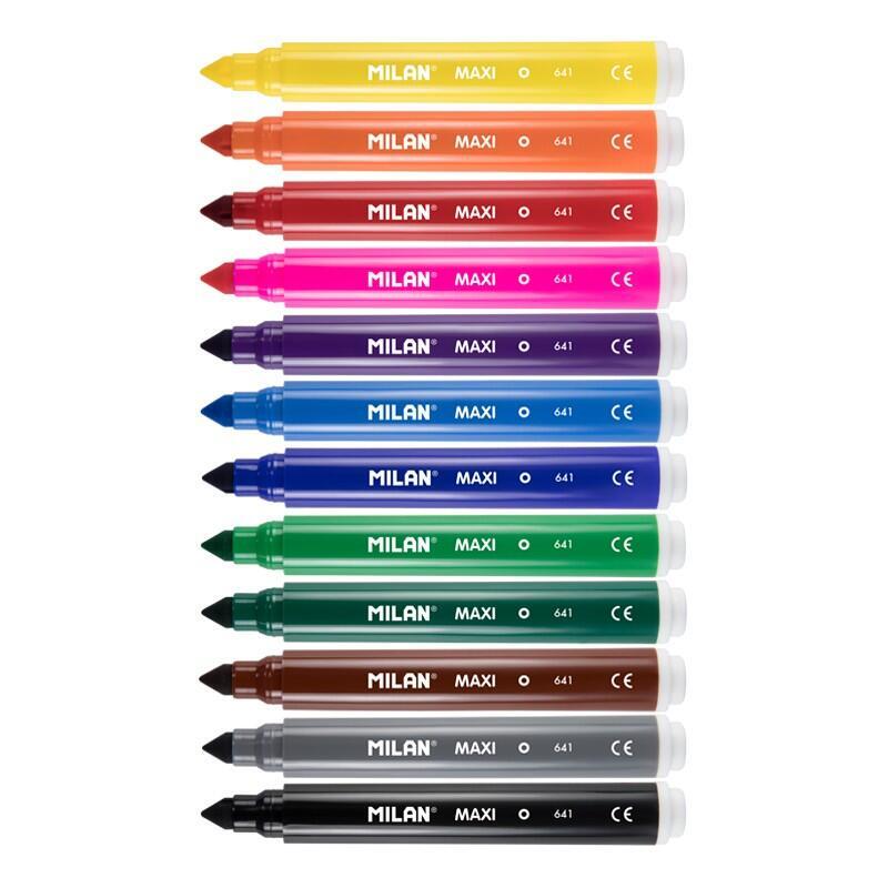 Milan Pack De 12 Rotuladores Maxi - Punta Conica 7.5mm - Tinta Al Agua - Lavable - Colores Surtidos