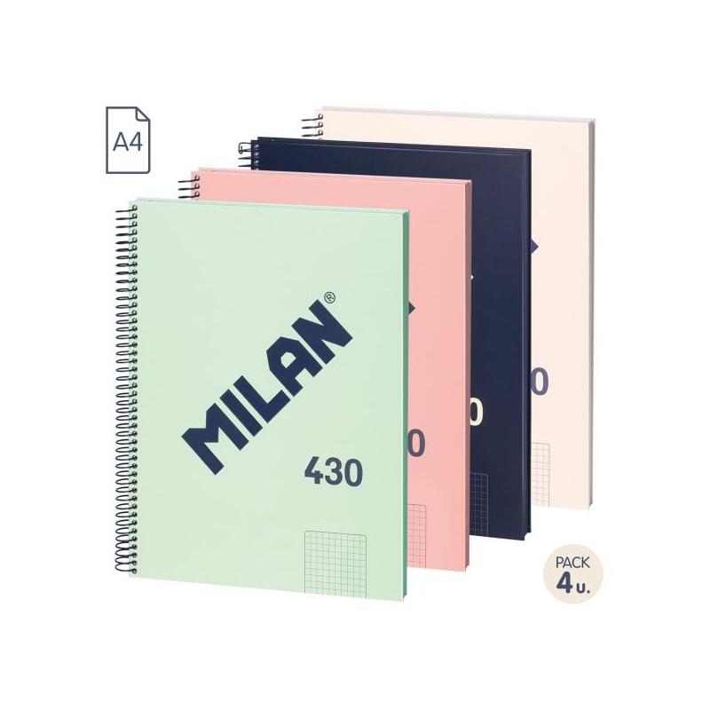 Milan Serie 1918 Pack De 4 Cuadernos Espiral Formato A4 Cuadricula 5x5mm - 80 Hojas De 95 Gr/M2 - Microperforado, 4