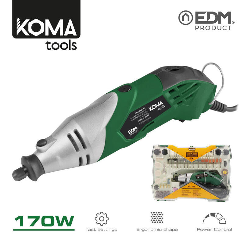 Mini Herramienta Multiusos Rotativa 170w + 41 Tipos De Accesorio (190 Piezas En Total) 23,5x7cm Koma Tools