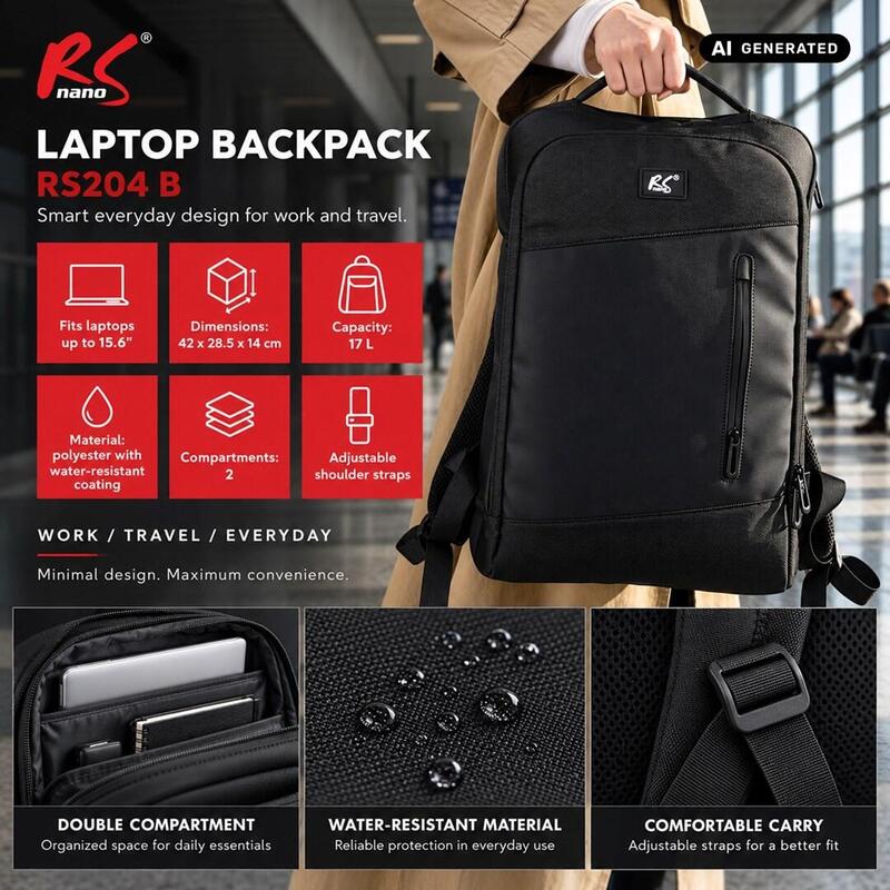 Mochila Para Portátil Nanors, 15,6", Negra, 42 X 28,5 X 14, Impermeable Rs204 B