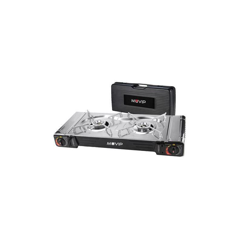 Muvip Cocina De Gas Portatil 2 Fuegos - Doble Bombona - Encendido Automatico - Quemador De Aluminio - Valvula De Doble