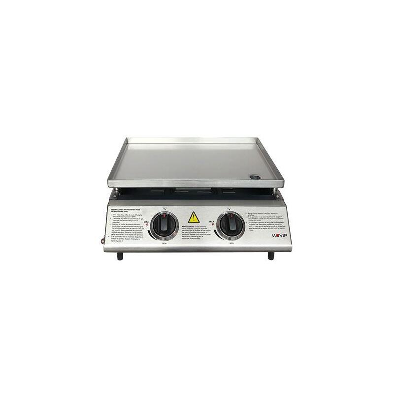 Muvip Plancha De Asar De Gas - 2 Quemadores - Panel De Control Y Plancha De Acero - Bandeja Recoge Grasas - Llama