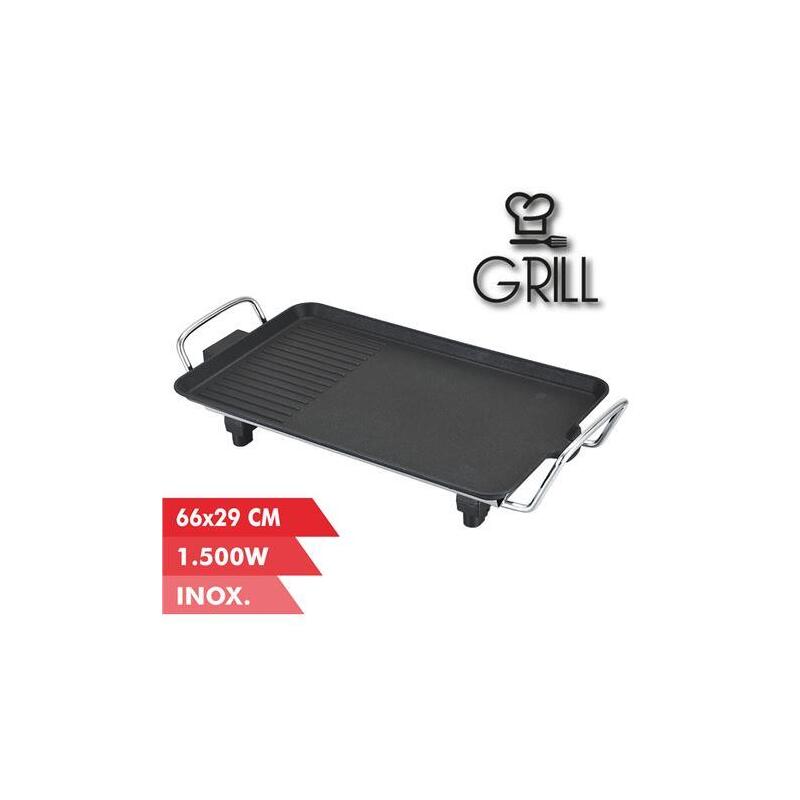 Muvip Plancha De Asar Electrica 1500w - 2 Zonas Lisa Y Grill - Placa Antiadherente - Asas Tacto Frio - Termostato Extraible - Superficie 66x29cm