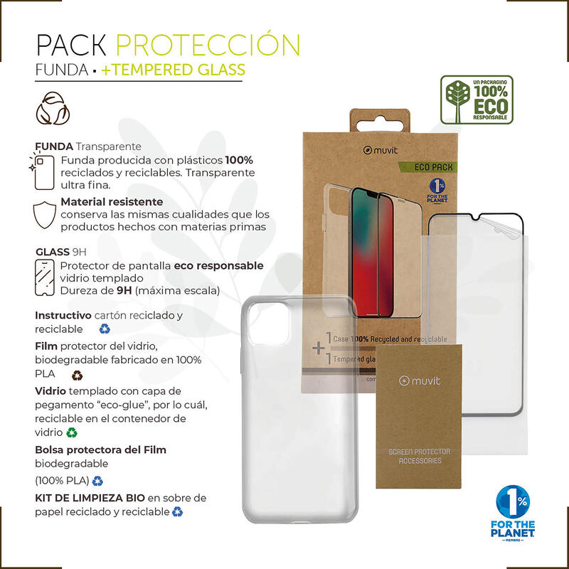 Muvit For Change Funda Compatible Con Apple Iphone 14 Pro + Protector De Pantalla Vidrio Templado Plano Marco Negro