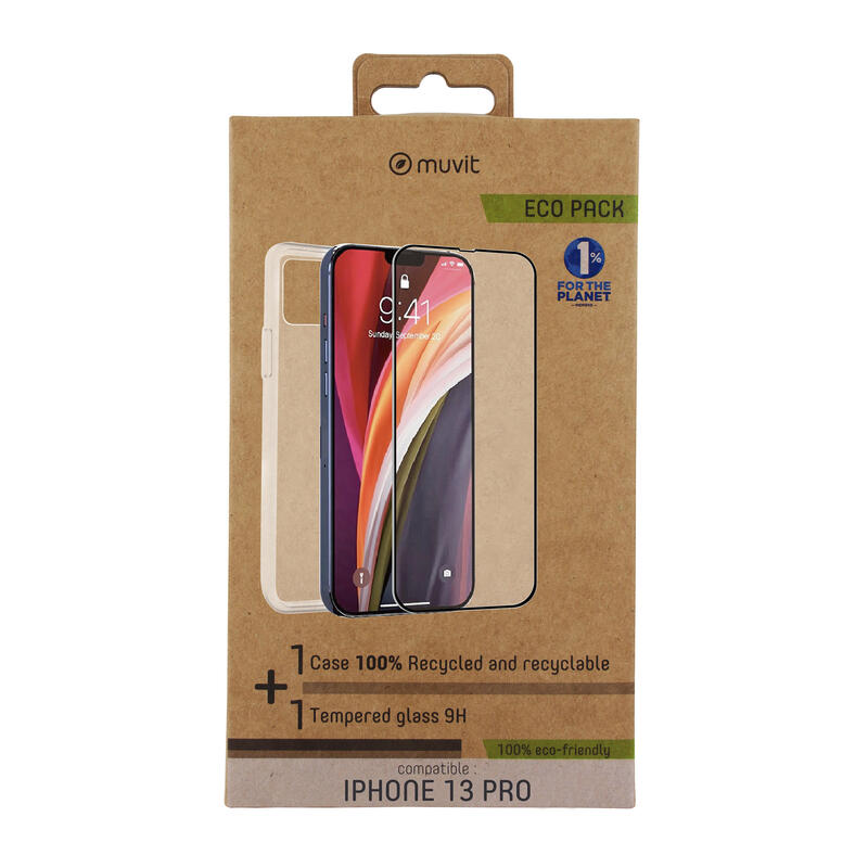 Muvit For Change Pack Apple Iphone 13 Pro Funda Cristal Soft + Protector De Pantalla Vidrio Templado Plano Marco Negro