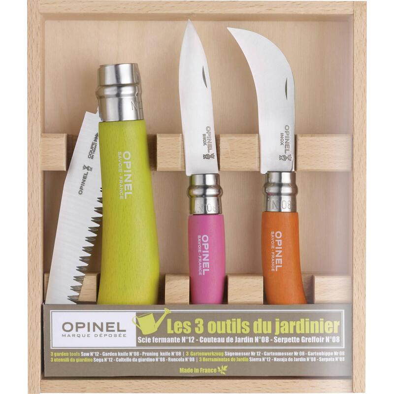 Opinel Estuche Con 2 Cuchillos Y Podrón, Ideales Como Herramientas De Jardinero, De Acero Inoxidable, Mangos De Madera De Haya A Color, 001617
