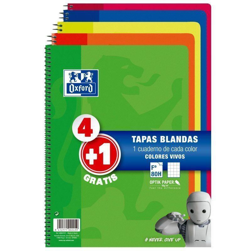 Oxford Cuaderno Espiral 80 Hojas 4x4 Con Margen Tapas Blandas Folio Colores Vivos -Pack 4+1-