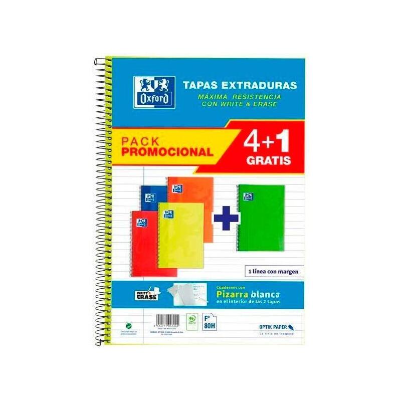 Oxford Cuaderno Espiral Classic White&Erase Folio 80h 1 Línea T/Extraduras Pack 4+1 C/Surtidos