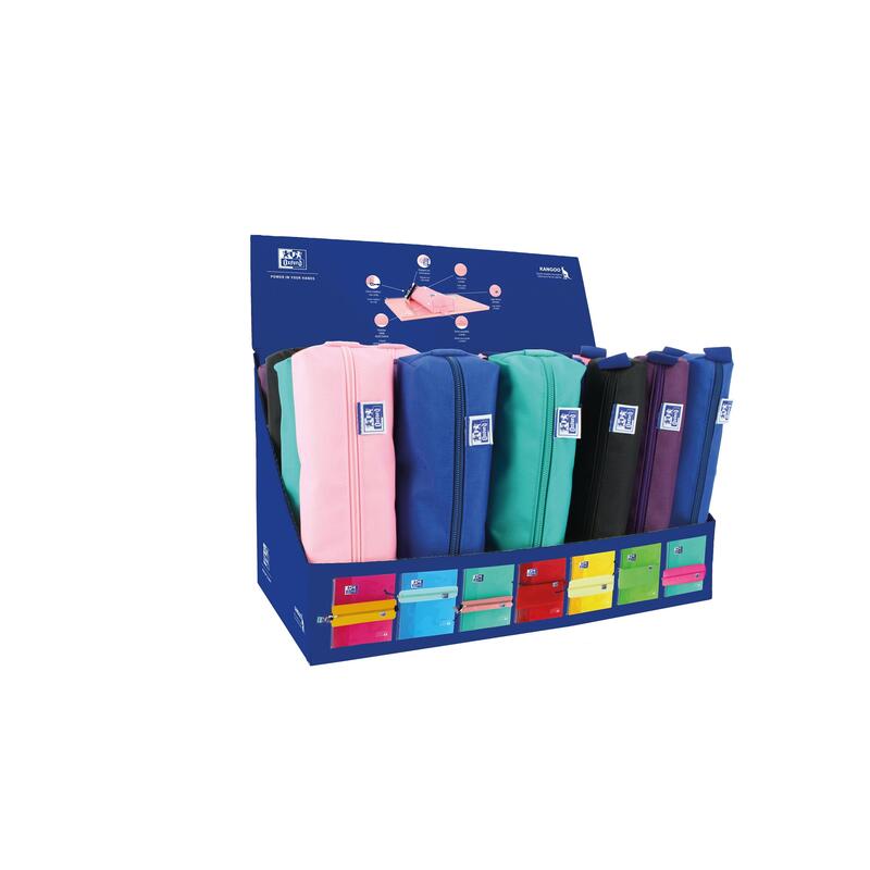 Oxford Kangoo Teens Expositor De 12 Estuches Rectangulares Medianos Y 12 Redondos Pequeños - Goma Elastica Para Unirlo Al Cuaderno - Colores Surtidos