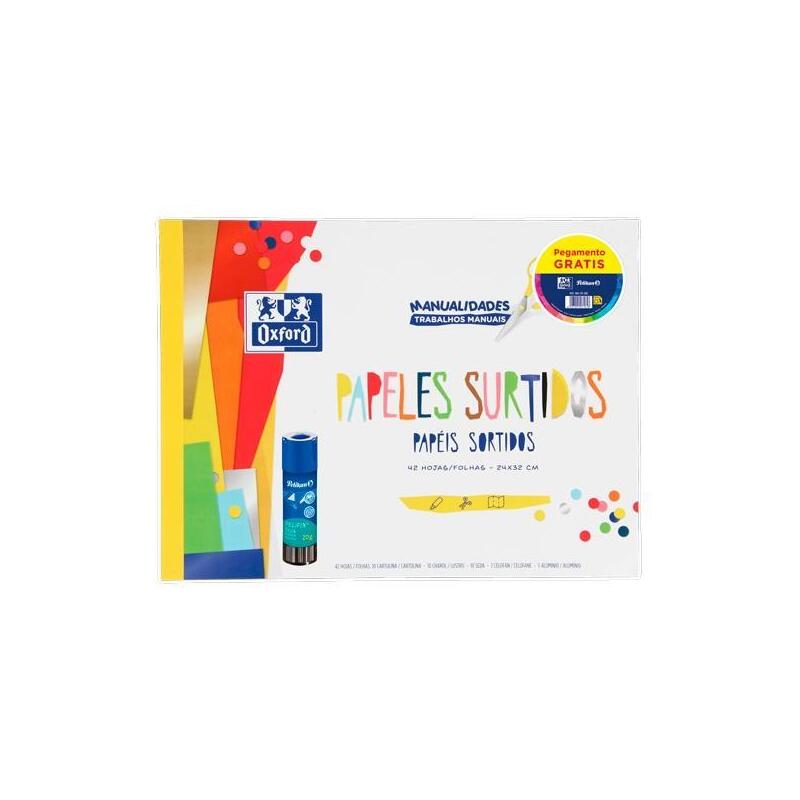Oxford Pack Bloc Papeles Surtidos Manualidades + Pegamento Pelifix 20g