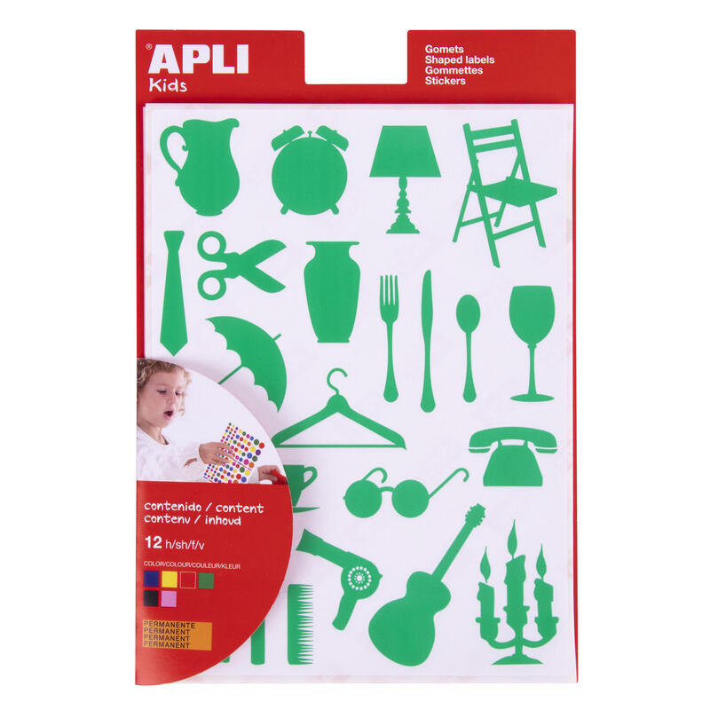 Pack De 10 Unidades Apli Gomets Casa - 288 Unidades Por Bolsa - Adhesivo Permanente Con Formas De Objetos - Cumple Con Normas En-71 Y Fsc