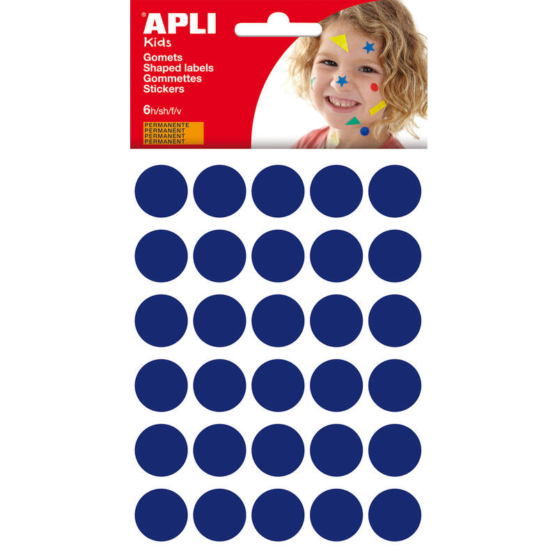 Pack De 10 Unidades Apli Gomets Redondos Ø 20mm - 180 Unidades En 6 Hojas - Adhesivo Permanente - Desarrollo De Habilidades Y Creatividad - Normas En-71 Y Fsc - Color Azul
