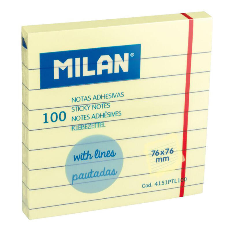 Pack De 10 Unidades - Bloc 100 Notas Adhesivas Amarillo Claro Pautadas 76x76mm Milan