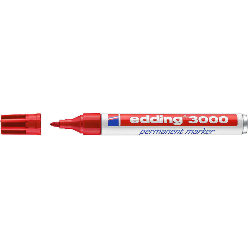 Pack De 10 Unidades Edding 3000 Rotulador Permanente Punta Redonda De 1.5mm - Trazo Entre 1.5mm Y 3.0mm - Recargable - Secado Instantaneo - Color Rojo