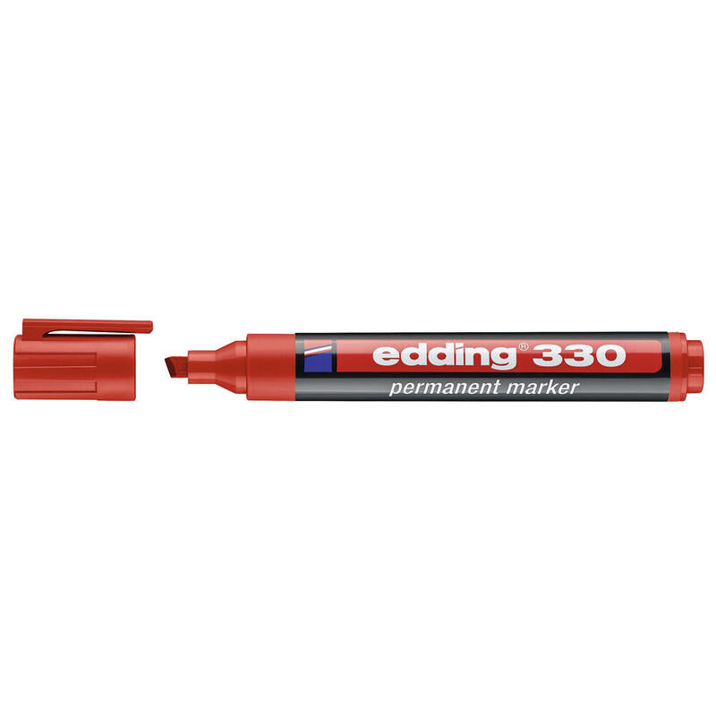 Pack De 10 Unidades Edding 330 Rotulador Permanente Punta Biselada - Trazo Entre 1 Y 5 Mm. - Tinta Casi Inodora - Capuchon Con Clip - Secado Rapido - Color Rojo