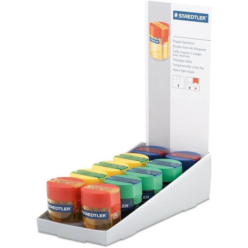 Pack De 10 Unidades Staedtler 512 006 Expositor Con 10 Sacapuntas Con Deposito - Hasta 8.2mm Y 10.2mm - 2 Agujeros -  Angulo De Afilado 23º