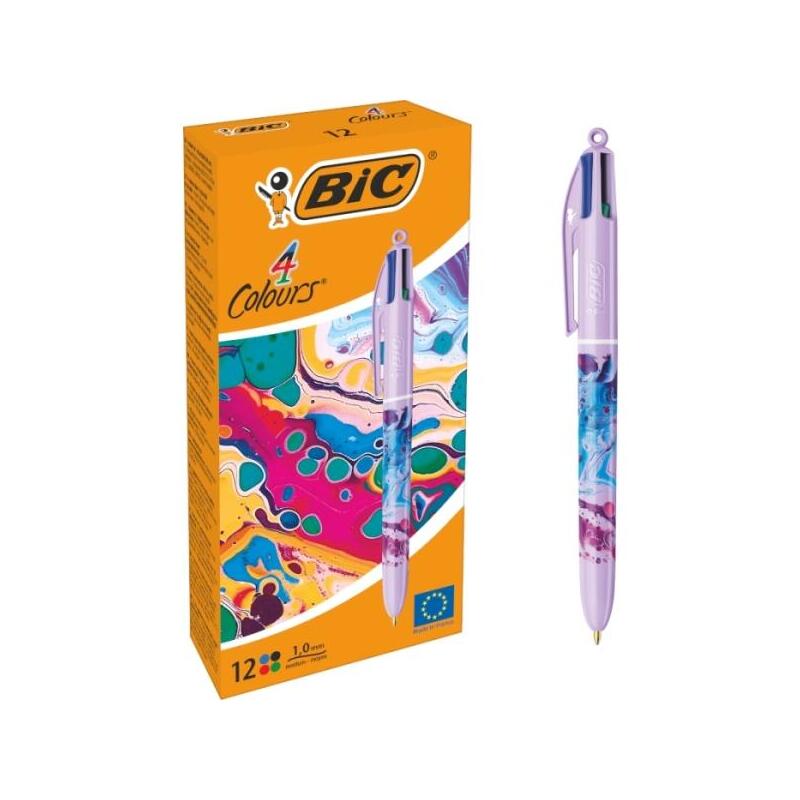 Pack De 12 Unidades Bic 4 Colours Decors Hydro Boligrafo De Bola Retractil - Punta Media De 1.0mm - Tinta Con Base De