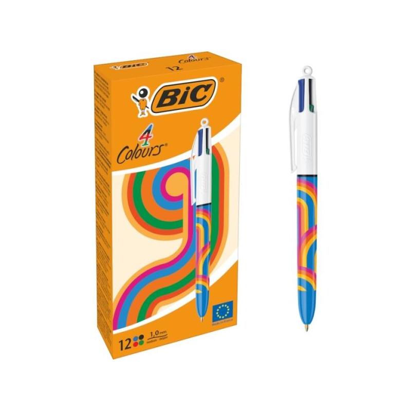 Pack De 12 Unidades Bic 4 Colours Decors Lines Boligrafo De Bola Retractil - Punta Media De 1.0mm - Tinta Con Base De