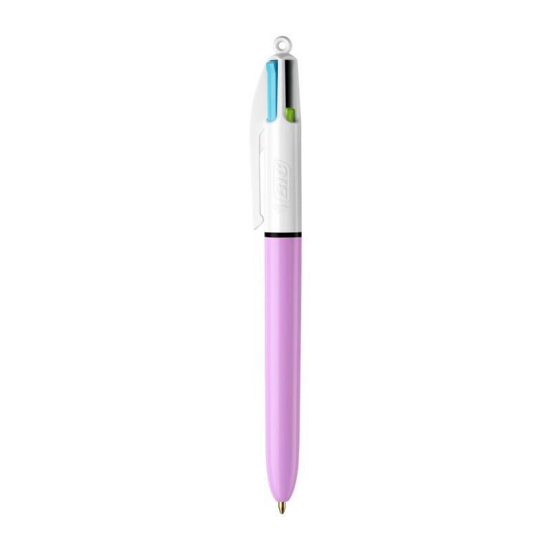 Pack De 12 Unidades Bic 4 Colours Fun Boligrafo De Bola Retractil - Punta Media De 1.0mm - Tinta Con Base De Aceite - Tinta De Colores: Rosa, Morado, Turquesa Y Verde Lima - Cuerpo Lila/Blanco