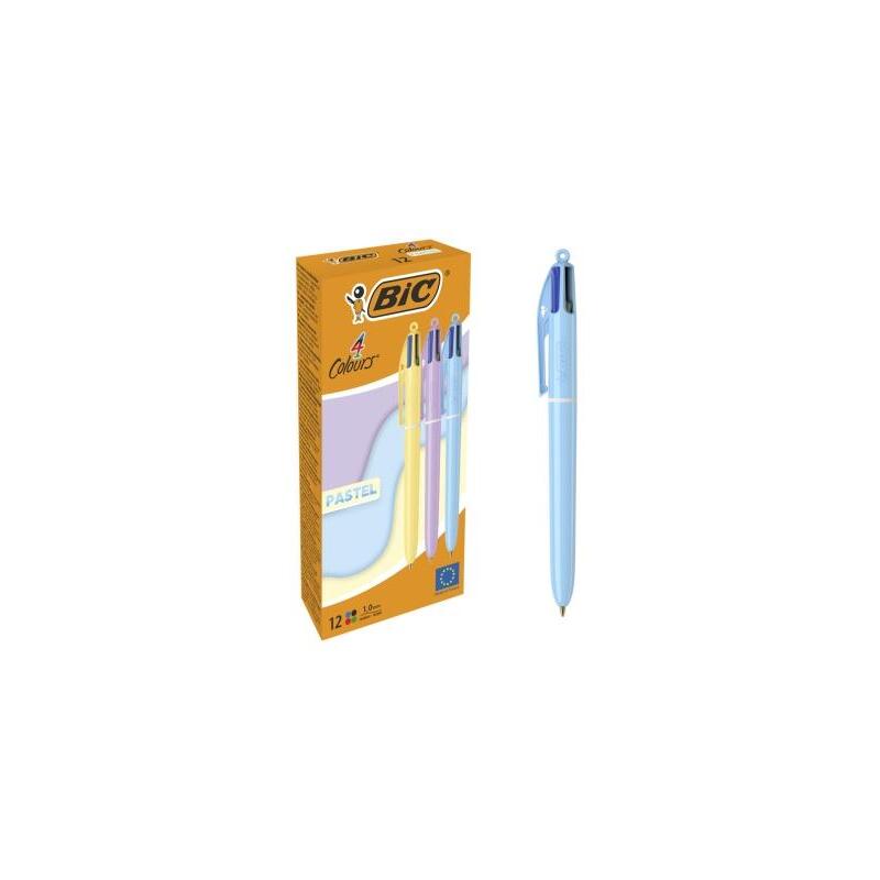 Pack De 12 Unidades Bic 4 Colours Pastel Boligrafo De Bola Retractil - Punta Media De 1.0mm - Tinta Con Base De Aceite