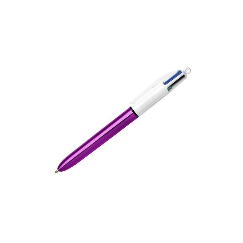 Pack De 12 Unidades Bic 4 Colours Shine Boligrafo De Bola Retractil - Punta De 1mm - Trazo De 0.4mm - Tinta Con Base De Aceite - Cuerpo Morado Metalizado/Blanco - 4 Colores