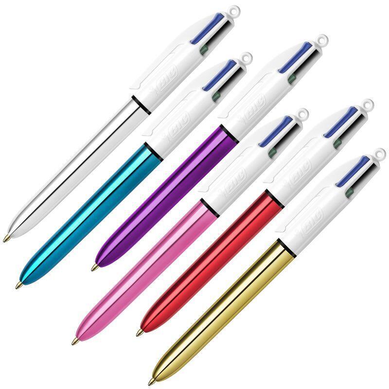 Pack De 12 Unidades Bic 4 Colours Shine Boligrafo De Bola Retractil - Punta Media De 1.0 Mm - Tinta Con Base De Aceite - Diseño Metalizado En Colores Surtidos - Caja De 12 Ud